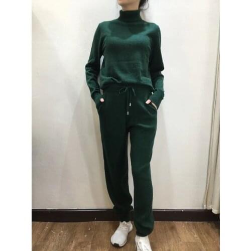 2020 Turtleneck Wool Full New Knitted Suit High Collar Velvet Sweater + Mink Cashmere Trousers Leisure Two-piece