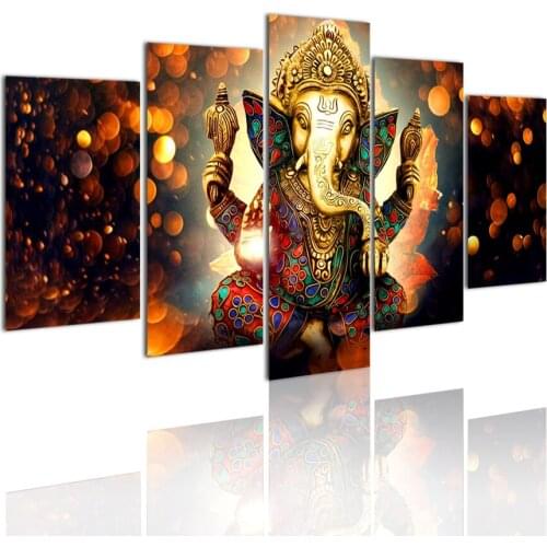 Lord Ganesh 5 Panels HD Canvas Painting Posters Wall Art Print Pictures Living Room Bedroom Interior Home Decoration Frame