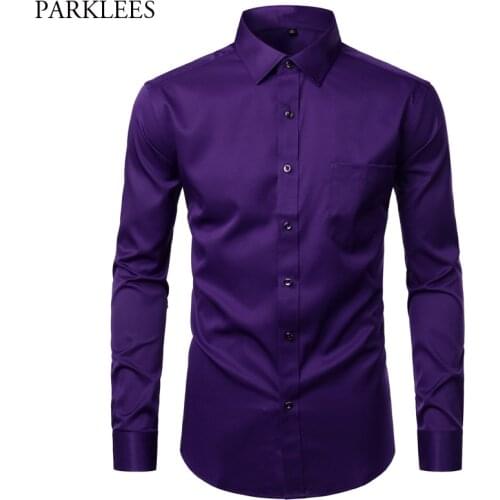 Purple Mens Dress Shirts Casual Slim Fit Bamboo Fiber Elastic Office Wedding Work Shirt Non Iron Easy Care Formal Chemise Homme