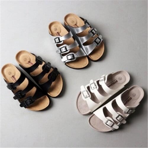 2020 Summer sandals Mens Leather Slippers High Quality Soft Cork Three Buckles Slides Footwear For Men Women Unisex 35-46