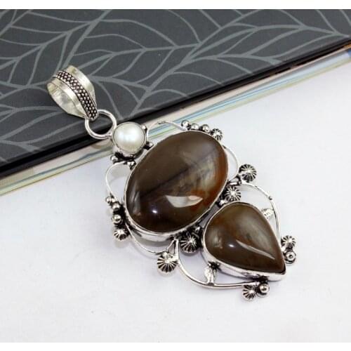 Jaspper & Pearls Silver Overlay on Copper Pendant, 75mm, P0274