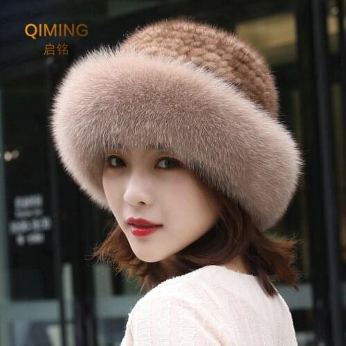 Winter Women Real Mink Fur Bomber Hats Genuine Fox Fur Cap Luxurious Quality Winter Hat Elastic Warm Soft Fluffy Natural Fur Hat