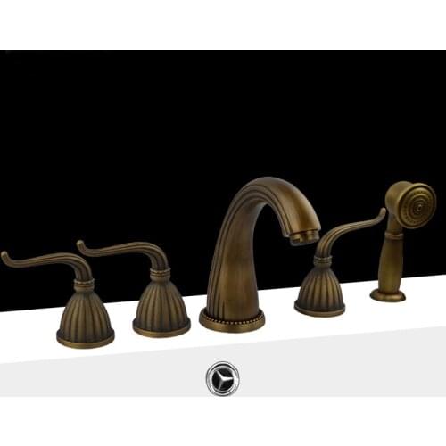 5pcs Antique Brass Three Handles Bathroom Bathtub Faucet Deck Mounted Hot and Cold Water Mixer Basin Tap