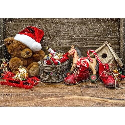 Christmas Hat Toy Bear Decors Snow Wooden Board Photo Backdrop Vinyl Background for Children Baby Shower Photograpgy Photocall