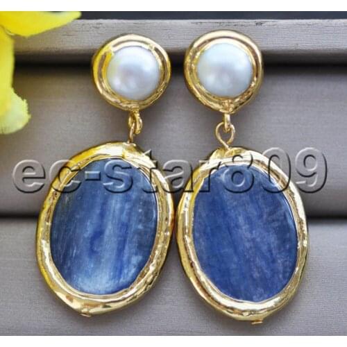 Z11122 28mm Blue Ellipse Coin Crystal Dangle Gold-plating Earring