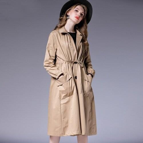 2-colors Autumn Women elegant turndown collar sashes coat waist Drawstring line outerwear oblique pockets 2XL-5XL black khaki