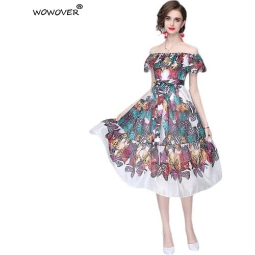 Flounced Slash Neck Summer Runway Designer Print Vintage Midi Holiday Party Dresses for Women 2021 Casual Robe Female Clothing