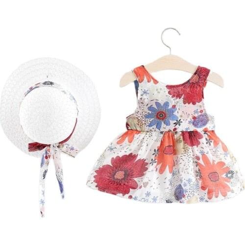 2PCS/Set Girls Dress +Hat Cotton Comfortable Childrens Dress Summer Dress Floral Girls 0-3Y Sleeveless Dress For Children
