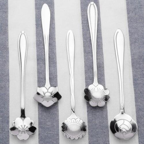 5pcs Stainless Steel Mixed Flower Shape Spoons Sugar Silver Coffee Spoon Teaspoons Ice Cream Flatware Tableware Kitchen Tool