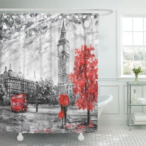 Oil Painting on Canvas Street View of London Big Shower Curtain Waterproof Polyester Fabric 60 x 72 Inches Set with Hooks