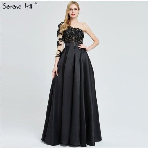 Black Off Shoulder Sexy A-Line Prom Dresses 2020 Handmade Flowers Crystal Satin Gowns Serene Hill BLA70038