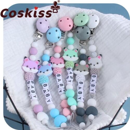 Coskiss Personalized NameWooden Baby Pacifier Clips Crochet Beads Silicone Cat Bead Pacifier Chain Holder Baby Shower Gift