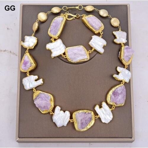 GG Jewelry Natural Cultured White Keshi Pearl Pink Morganites Rough With Electroplated Edge Necklace Bracelet Sets For Women