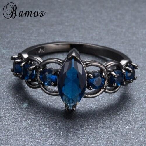 Bamos Unique Blue Horse Eye Zircon Ring Black Gold Filled Wedding Party Engagement Promise Rings For Women Men RB1189