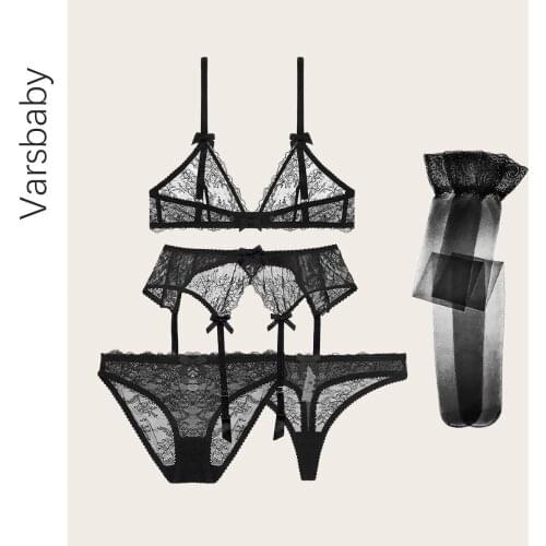 Varsbaby sexy lace wire free unlined lingerie set bra+panties+thongs+garter+stockings 5 pcs