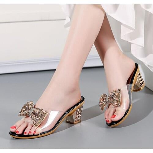 Summer Womens Rhinestone Crystals Heels Peep Toe Sandals sexy Clear Heels Slippers Square Heeled Ladies shoes pumpl Sandals