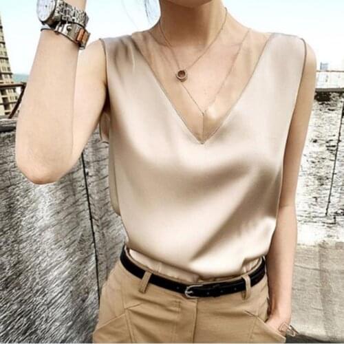 IKENGLING Camisole Women Wear Summer Sleeveless Satin Finished Suit Loose Classic French Top T-Shirt V-neck Girls Wear Clothes