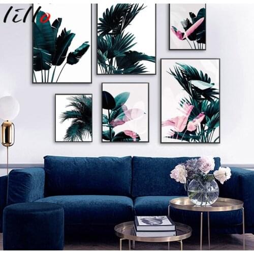 Nordic blue leaf plant room tropical plant plantain leaves canvas painting print palm leaf wall art mural for tableau decoration