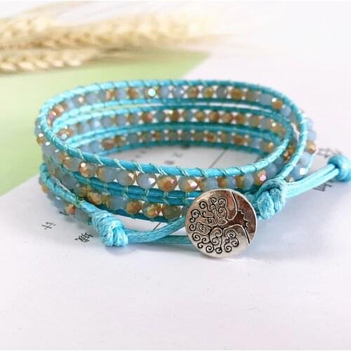 New Colorful Crystal Bead Bracelet Lucky Tree of Life Lovers Bracelet Wrapped Leather Bracelet Woven Bracelet Gift