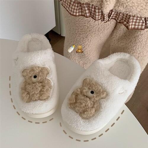 New girl heart cotton slippers female autumn and winter cartoon cute bear knot plush non-slip indoor confinement shoes household