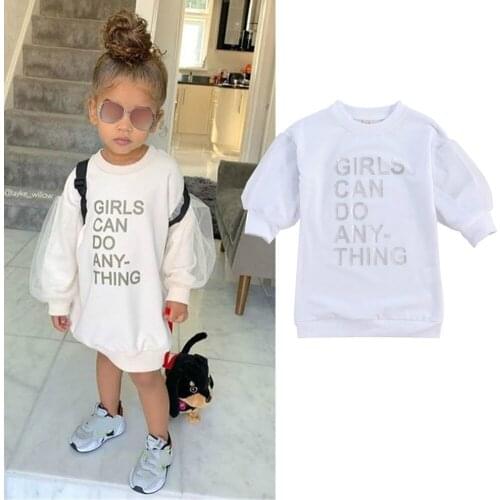 Autumn New Fashion Toddler Baby Girls Sweatshirt Dress Mesh Long Puff Sleeve Letter Printed Pullover Straight Knee Length Dress