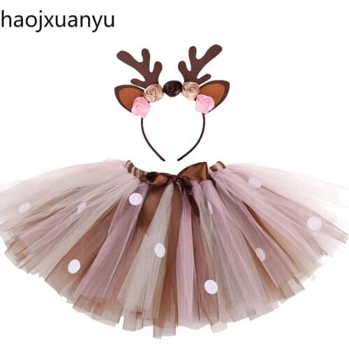 Purim Holiday Party Fawn Skirt Cartoon Photography Tutu Suit for Christmas Halloween Dots Elk Elastic Band Skirt Deer Headband