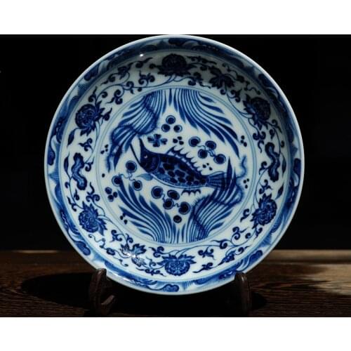 Hand-painted Blue and White Yuan Dynasty High Imitation Fish and Algae Plate All Hand-made Pot Pendant Decorative Chinese Plate
