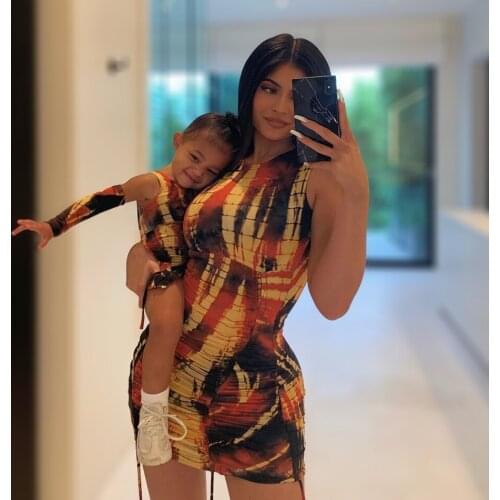 [Shesrim] Limited New Color Multi Tie Dye Shirred Mini Dress Adjustable Length With Two Gloves In The Style Of Kylie Jenner