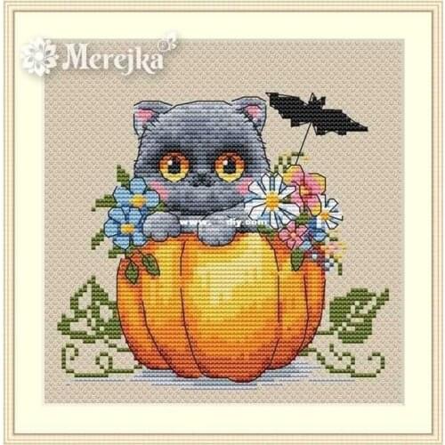 Top Customized Embroidery Halloween Cat Cross Stitch Pattern for Baby with 100% Cotton Flosses & Free Shipping for Wall Decor