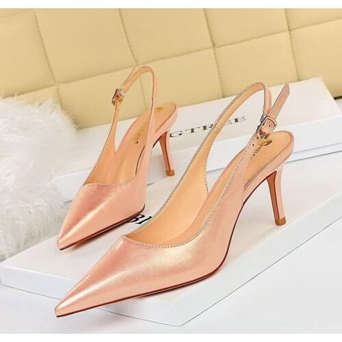 BIGTREE Shoes Hollow Hasp Kitten Heels 7 Cm Patent Leather Woman Pumps Sexy Office Shoes Fashion Heeled Shoes Women Sandals 2021