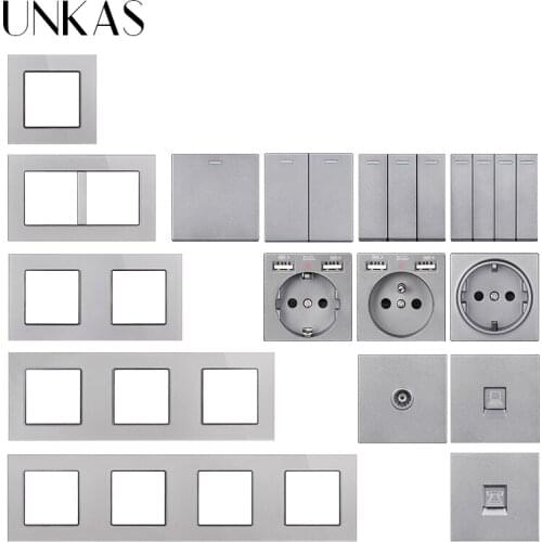 UNKAS Gray Glass Panel DIY Combination Free Matching French DE EU Socket Dual USB 1 2 3 4 Gang 1/2 Way Push Wall Button Switch