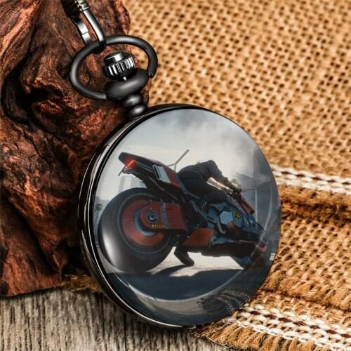Vintage Black Printed Motorcycle Pattern Quartz Pocket Watch Retro Pendant Accessory Pocket Antique Men Watch 30 cm Fob Chain