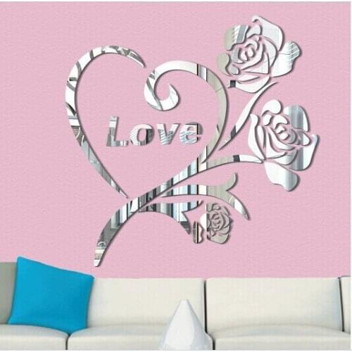 Free shipping SWEET love rose Flower acrylic wall mirror sticker , 3D decorative mirror wall sticker for weeding bedroom deco
