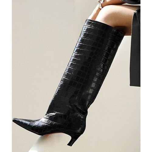 Women Crocodile Knee High Knight Boots Square Toe 5 CM Mid Heels Stone Pattern Shoes Fashion Ladies Runway Long Female Boot