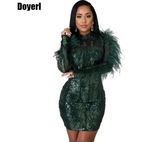 Feather Sequin Bodycon Dress Women Winter Long Sleeve Open Back Zipper Sparkly Celebrity Mini Dress Ladies Club Sexy Party Dress