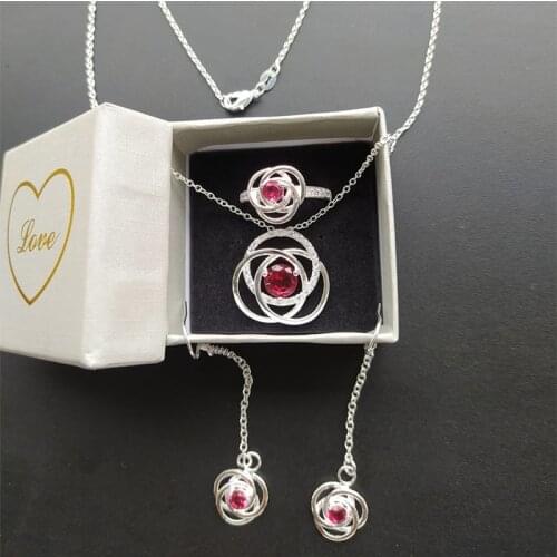 1 Set With Box Earrings Pendant Necklace Rings Size 8 Red Birthday Gift Silver Color Women Crystal Stone Zirconic Jewelry Set