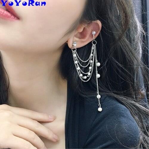 13 Piece Punk Pearl 5 layer tassel chain ear cuff clip earrings woman retro silver bead chain single earring ear cuffs jewelry