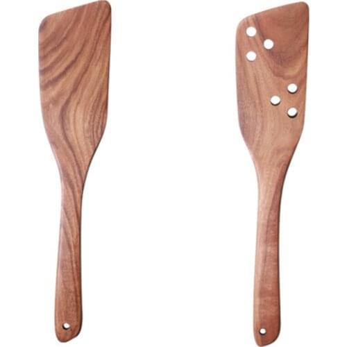 2PCS Solid Wood Spatula Household Teak Cooking Spatula Non-Stick High-Temperature Long-Handled Wooden Spatula