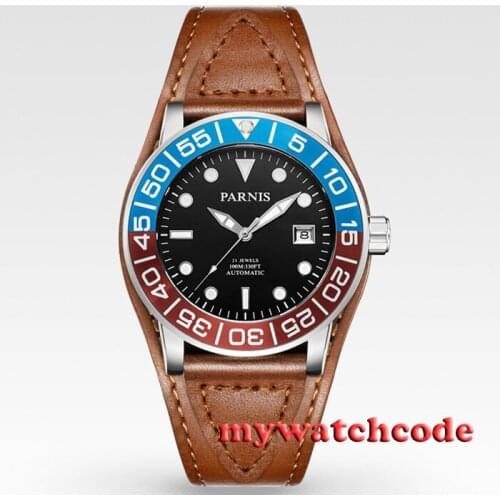 42mm Parnis black dial Sapphire glass leather Miyota automatic mens watch P429