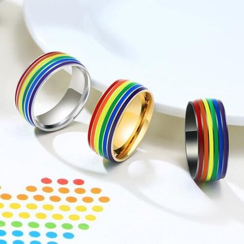 8mm Width Stainless Steel Stainless Steel Enamel Rainbow LGBT Pride Ring for Lesbian Gay Flag Band Anniversary For Men Gifts