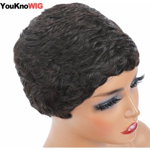 Short Wavy Pixie Cut Wig Human Hair Remy Brazilian Hair for Black Women Machine Made Wig With Bangs Cheap Glueless Non Lace Wig