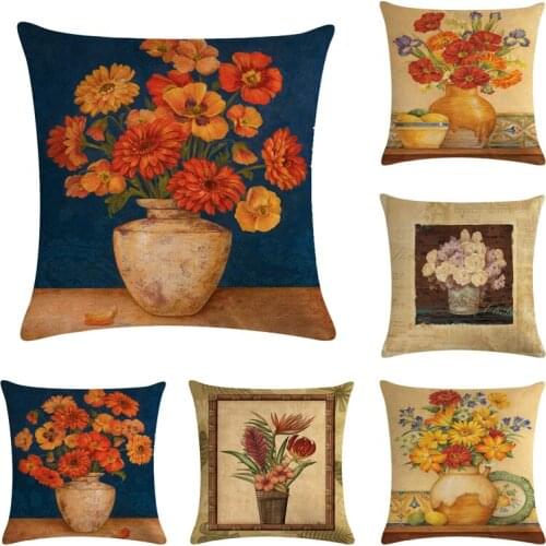 Oil Painting Flower Printed Cotton Linen Cushion Cover Flower Vase Home Decor Pillowcase Octopus Sofa Bedding Cushion Case