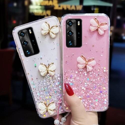 Luxury Cute Bling Glitter Lanyard Silicone Phone Case For Huawei P40 P30 P20 P10 Lite Pro Mate 40 30 20 Ultra-thin Strap Cover