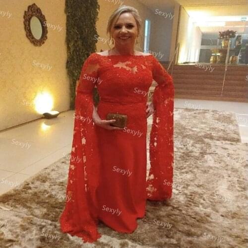 Elegant Red Mother Of The Bride Dresses With Sleeve Plus Size Caftan Dubai Arabic Mom Evening Dress With Lace Wedding Guest Wear