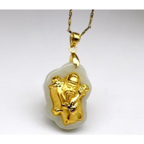 Natural Hetian Jade Necklace For Men Women 24k Gold God of Wealth Lucky Pendants Male Female Femme Unisex Fine Jewelry