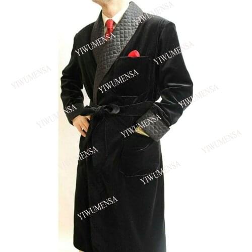 YIWUMENSA Black Peaked Laple Velvet Formal Mens Jacket Custom Made Long Overcoat With Belt Slim Fit Full Sleeves Business Coat