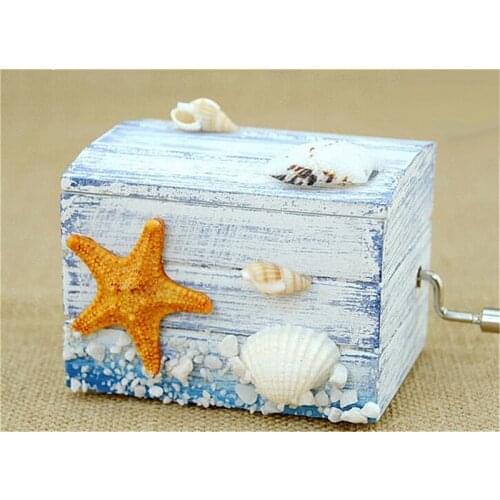 Starfish Shell Beach Classic Clockwork Wooden Music Box Castle in the Sky Mini Hand Crank Musical Box for Kids Girls Women Gift
