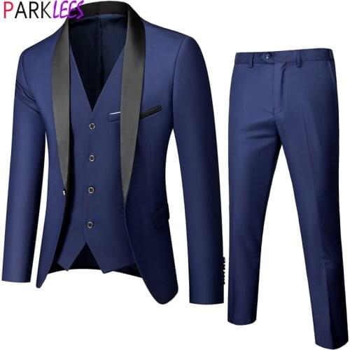 Mens Formal Business Navy Blue 3pcs Suits Shawl Collar One Button Slim Fit Elegant Suits With Pants Men Wedding Terno Masculino