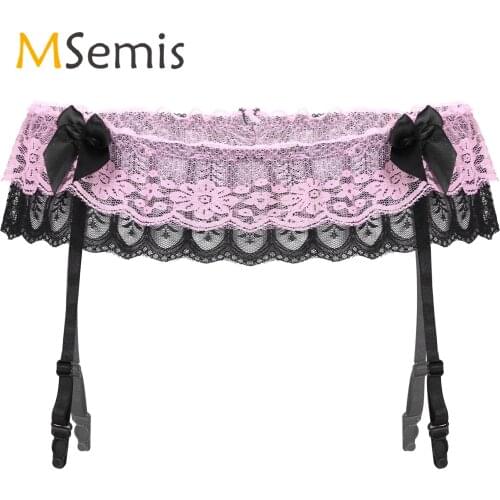 Lingerie Sissy Nightwear Bowknot Garter Belt Erotic Double Layers Lace Elastic Waistband Suspenders for Stockings for Sexy Mens