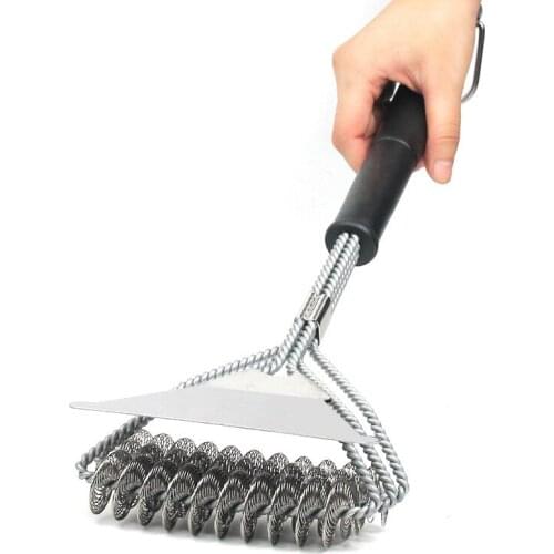 New Spring Three-Head BBQ Brush Anti-Pinch Stainless Steel Grill Cleaning Brush